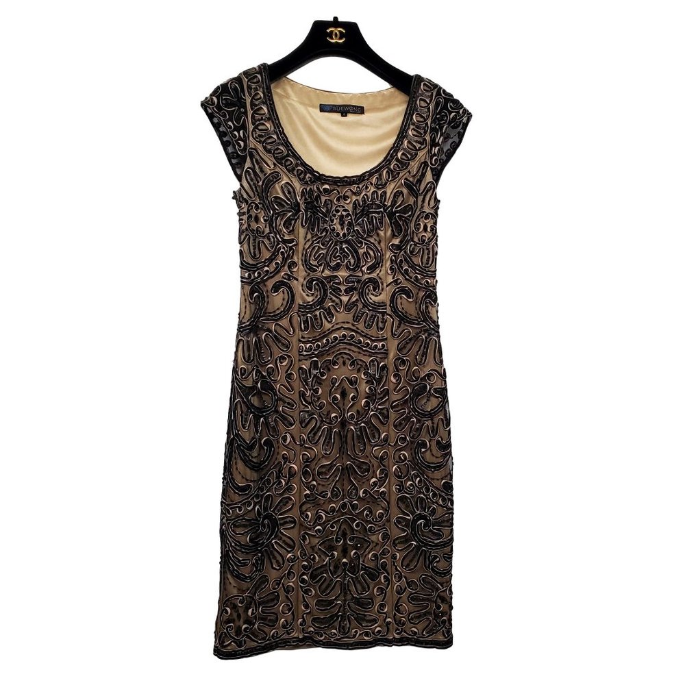 SUE WONG Black Taupe Soutache Bead Cocktail Dress